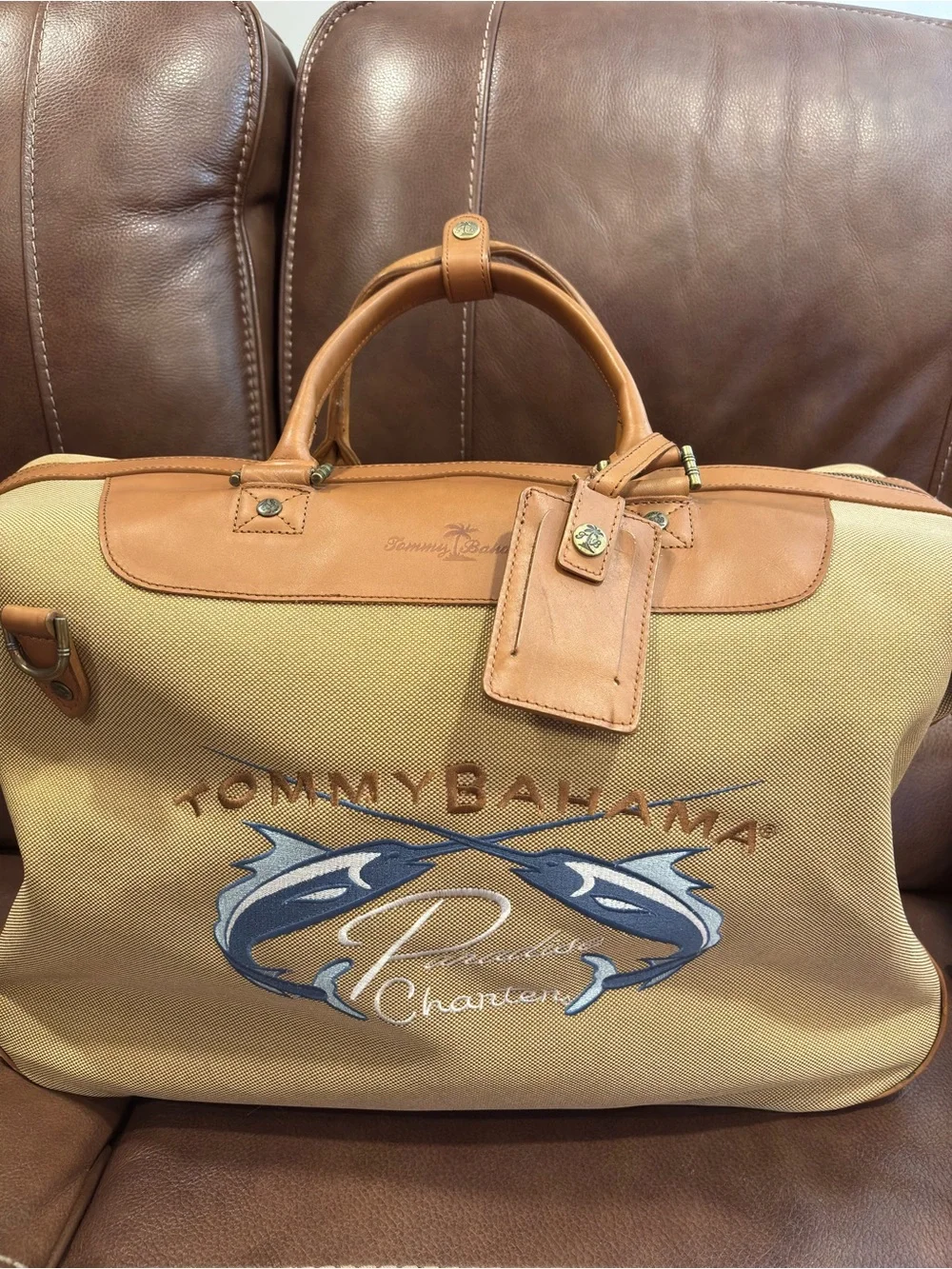 Tommy Bahama Tan Canvas & Leather Weekender Bag with Blue Embroidery Travel